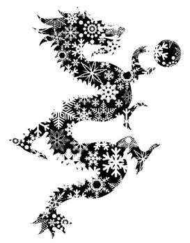 Chinese Dragon with Snowflakes Black and White Clip Art Isolated on White Background