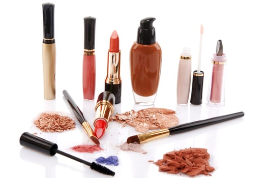 different cosmetics on white background, beauty concept