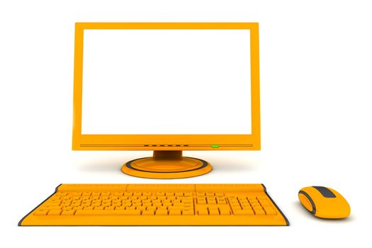 modern work desk with a computer display, a wireless keyboard and a wireless mouse - orange and black design