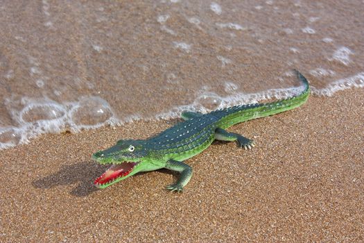 Toy crocodile on the beach