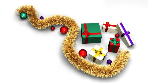 Colored gifts with a golden piece of tinsel and balls on a white background