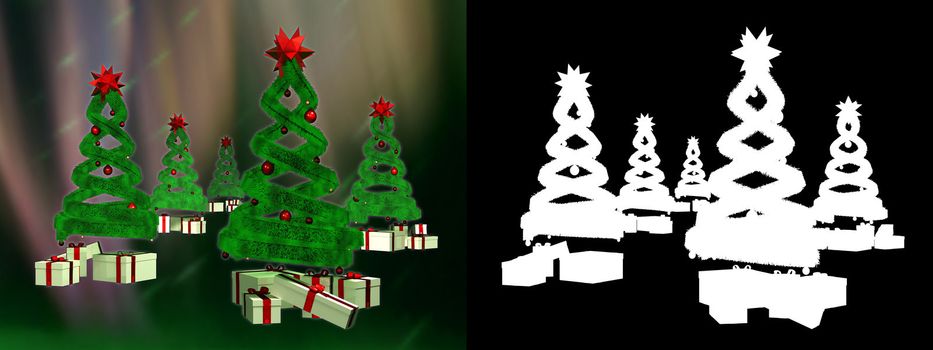 Five green design pines and many gifts with alpha channel