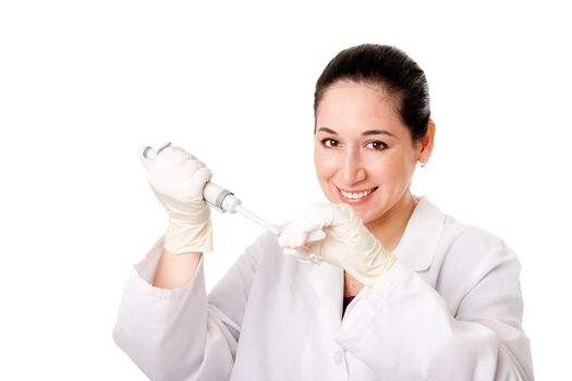 Attractive female laboratory researcher doing medical science experiment pipetting to prepare vaccine, isolated.