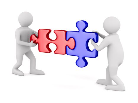 Two man with puzzle on white background. Isolated 3D image