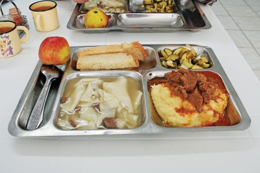 Tray of food in the workers' canteen. Close-up.