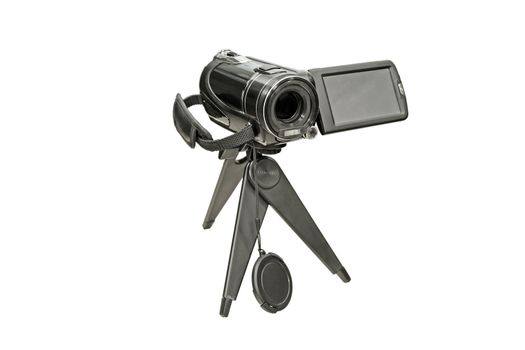 Portable video camera on a tripod. Isolated on white background.