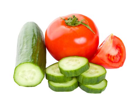 close-up cucumbers and tomatoes, isolated on white