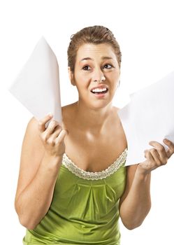 Beautiful young woman being discouraged by a overload of work - on a white background with space for text