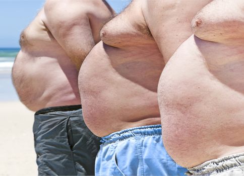 Close up of three obese fat men of the beach