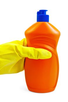 A bottle of orange with a detergent, hand in glove yellow isolated on a white background