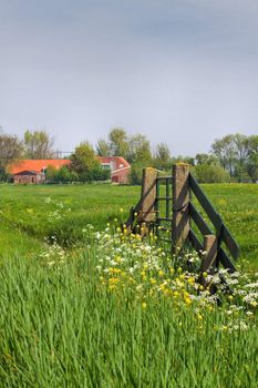 Gate and farm in Dutch country landcape in spring - vertical
