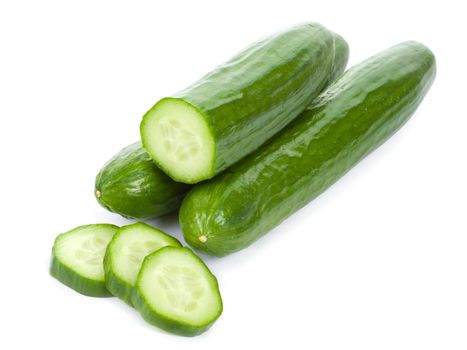 close-up sliced cucumbers, isolated on white