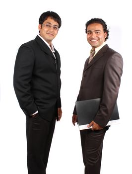 A pair of young Indian businessmen in a happy mood after a meeting, isolated on white studio background.