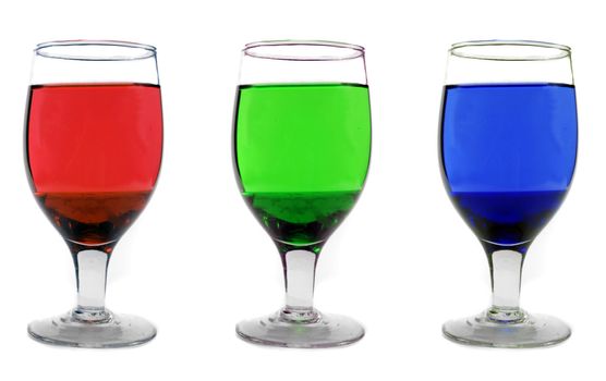 Three glasses in RGB - Red, Blue and Green colors, isolated on white background.