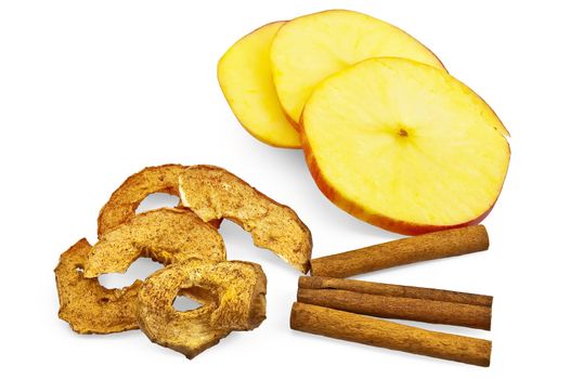 Apple slices, three cinnamon sticks, apple chips isolated on a white background