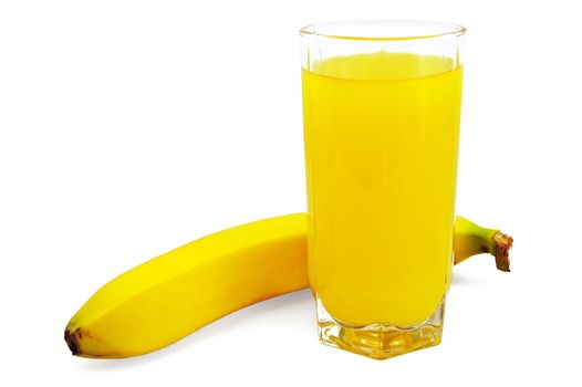 Banana juice in a glass beaker with a banana isolated on a white background