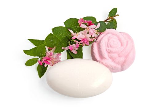 Pink bath salt, soap, white and pink flowers blooming twig volchey berries isolated on white background
