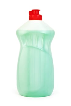 A bottle of light green with detergent isolated on a white background