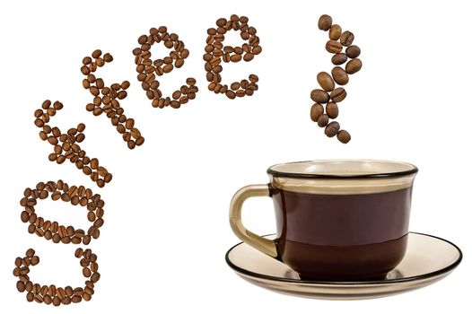 Brown cup of coffee, steam, and the word of the grains isolated on a white background