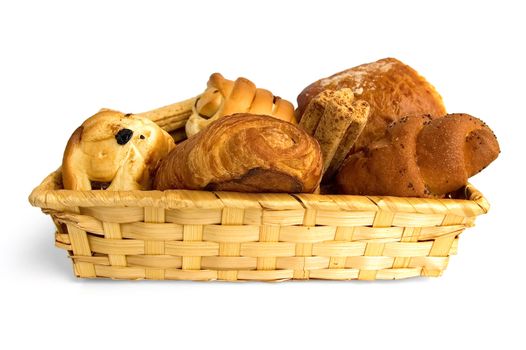 Buns, croissants, bread sticks in a wicker basket isolated on white background
