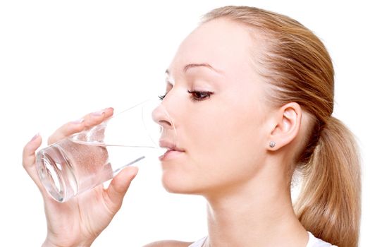 beautiful woman drinking water on a white background