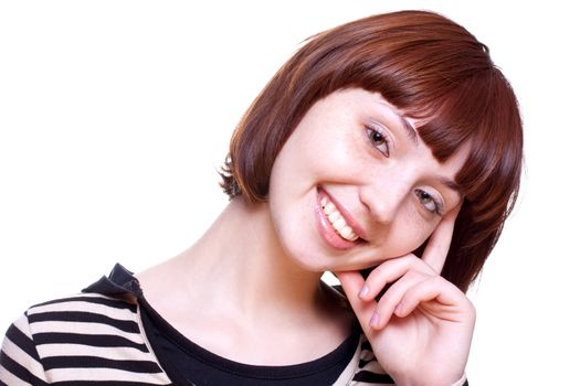 laughing girl in a T-shirt on a white background