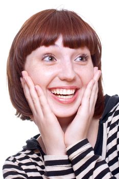 laughing girl in a T-shirt on a white background