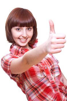 laughing girl in a shirt giving thumbs-up on a white background