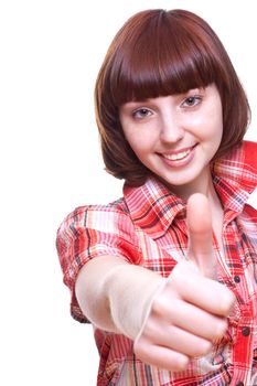 laughing girl in a shirt giving thumbs-up on a white background