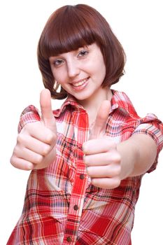 laughing girl in a shirt giving thumbs-up on a white background