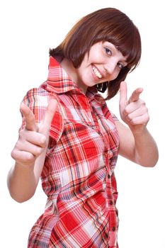 laughing girl in a shirt giving thumbs-up on a white background