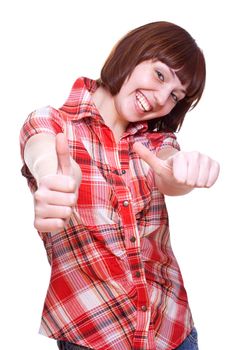 laughing girl in a shirt giving thumbs-up on a white background