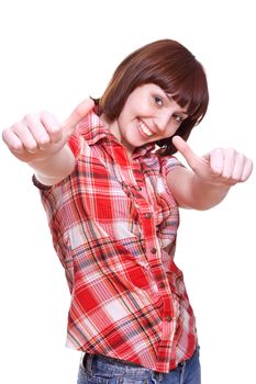 laughing girl in a shirt giving thumbs-up on a white background