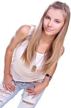 beautiful woman in a jeans with dog tag on a white background isolated