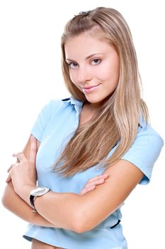 beautiful woman in a blue T-shirt on a white background isolated