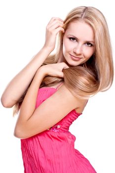 woman in a red dress posing on a white background