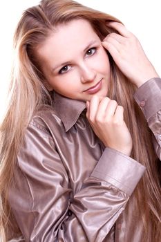 woman in a shirt posing on a white background