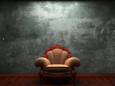 old concrete wall and chair made in 3D graphics