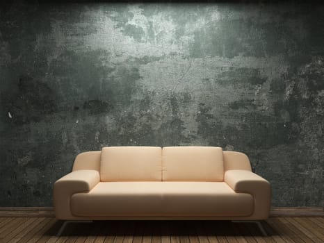 old concrete wall and sofa made in 3D graphics