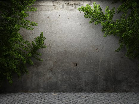 old concrete wall and plant made in 3D graphics