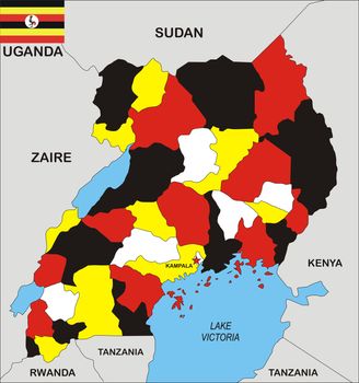 political map of Uganda country with flag illustration