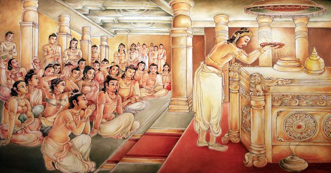 Picture in the Temple of Sacred Tooth Buddha on Sri Lanka on which it is represented: King Brahmadatta constructed a golden Temple adorned with pears and gems, for the Sacred Tooth Relic.