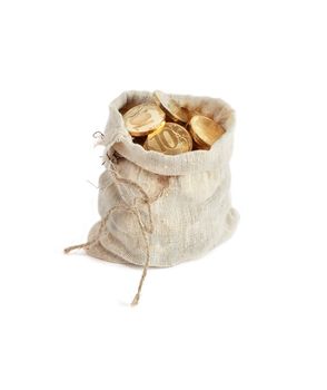 Wealth concept. Open burlap sack full of golden coins standing on white background