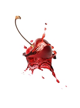 Cherry berry inside splashing juice on white background