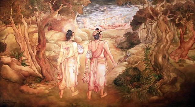 Picture in the Temple of Sacred Tooth Buddha on Sri Lanka on which it is represented: King Guhasiva sends Sudantha Danth and Hemamala to Sri Lanka to protect the Tooth Relic from Prince Bhagineyya who waged war to capture same.