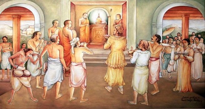 Picture in the working Temple of Sacred Tooth Buddha on Sri Lanka