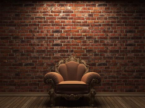 illuminated brick wall and chair made in 3D graphics