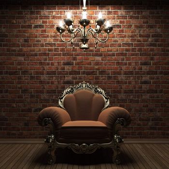 illuminated brick wall and chair made in 3D graphics