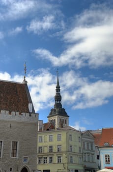 The central part of Tallinn with St. Nicholas Chirch spire and townhall. HDR tonemapped from three individual exposures.
