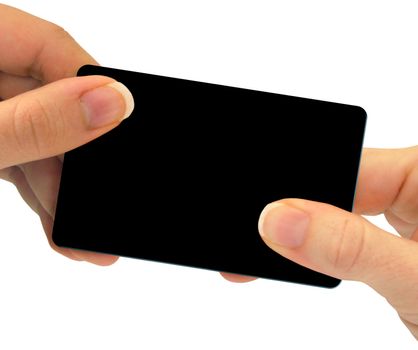 Two hands exchanging a blank card - this can be a business card, a gift card, or even a credit card - just to name a few different options.  Use your imagination!  Includes clipping path.